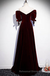 Modest Burgundy Long Semi Formal Prom Dresses with Short Sleeves Vintage Evening Gown